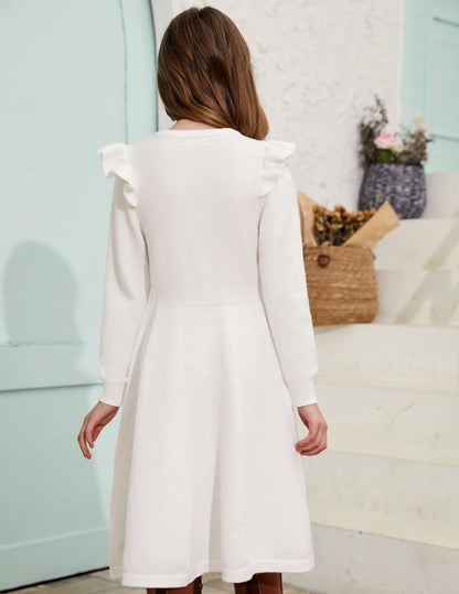 Arshiner Girls White Dress Sweater Winter Flutter Long Sleeve Pullover Formal Outfits Size 10-12