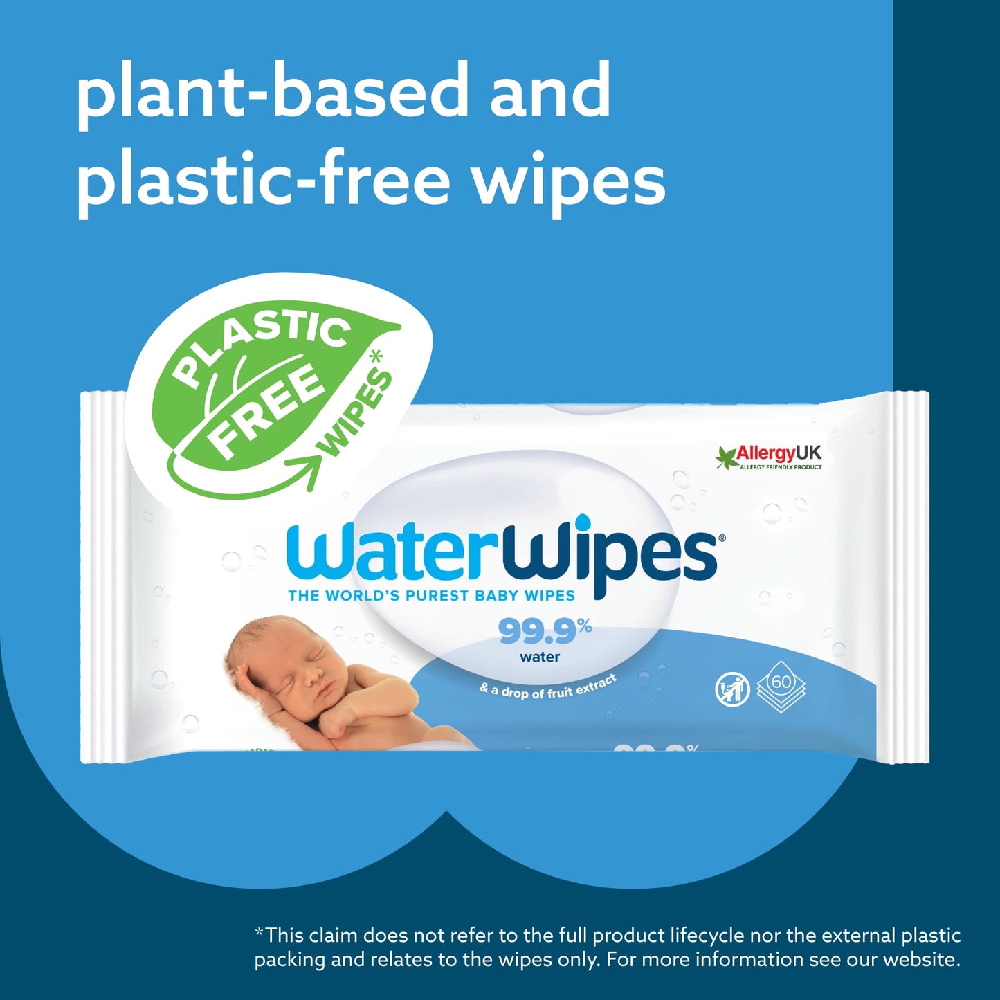 WaterWipes Plastic-Free Original Baby Wipes, 99.9% Water Based Wipes, Unscented & Hypoallergenic for Sensitive Skin, 60 Count (Pack of 12), Packaging May Vary