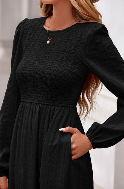 PRETTYGARDEN Womens Elegant Puff Long Sleeve A-line Maxi Dresses Casual Crew Neck Smocked Soft Maternity Dress Winter Outfits (Black, XX-Large)