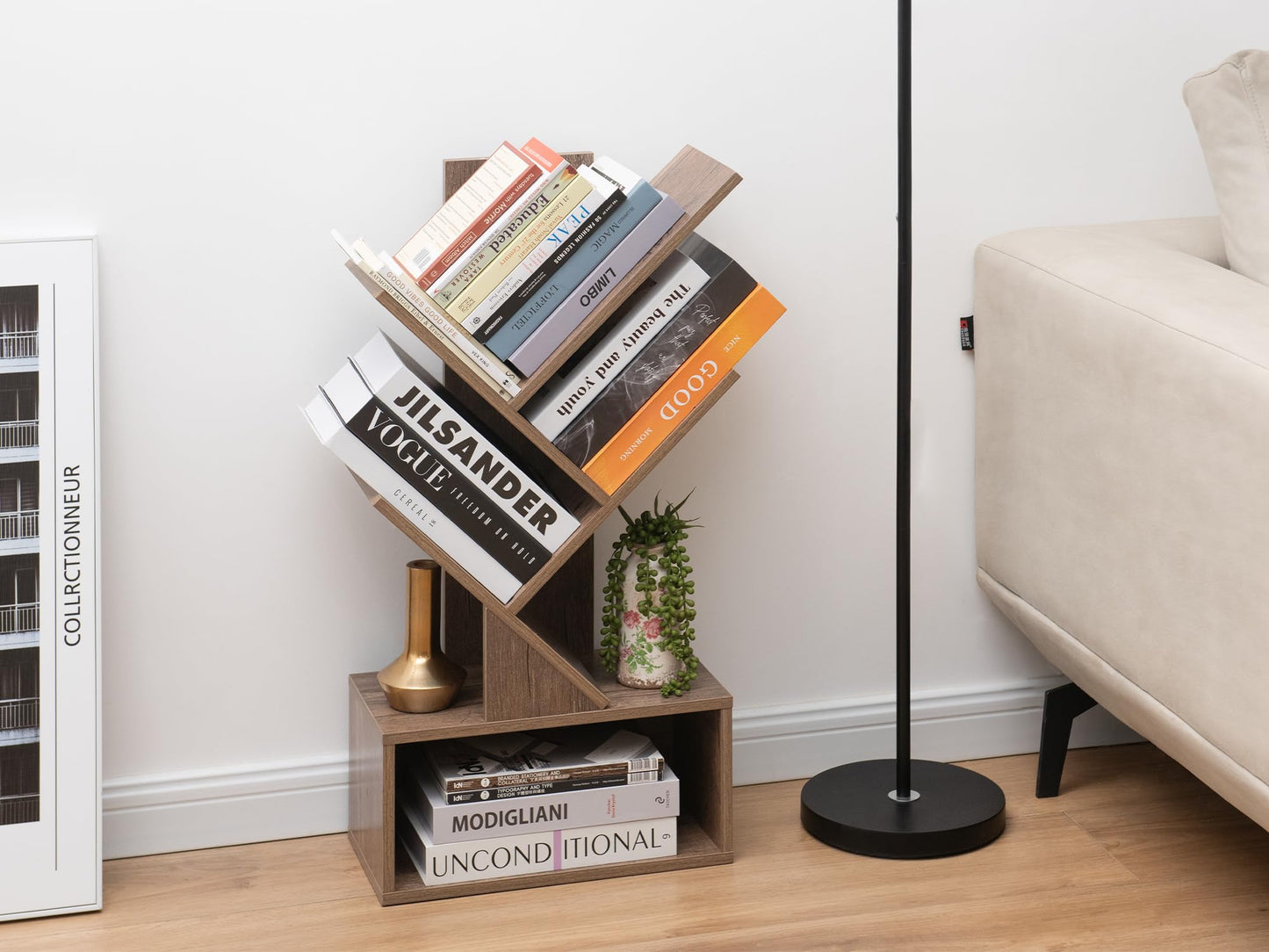 Labcosi 3 Tier Tree Bookshelf, Small Bookshelf with Open Storage Space, Wood Shelf for Storing Books, Book Organizer Shelves for Home Office, Bedroom, Living Room