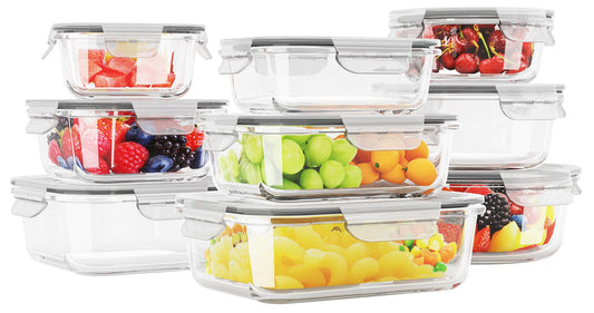 HOMBERKING Glass Food Storage Containers with Lids, [18 Piece] Glass Meal Prep Containers, Airtight Glass Lunch Bento Boxes, BPA-Free & Leak Proof (9 lids & 9 Containers) - Grey