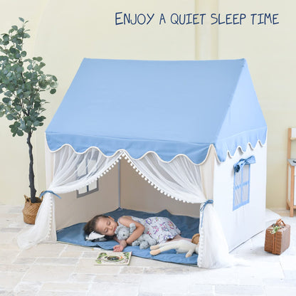 Kids Play Tent Large Fairly Kids Tent Indoor for Girls Boys Toddlers Playhouse Tent Castle with Lace Curtain and Windows Game Party Decoration (Blue)