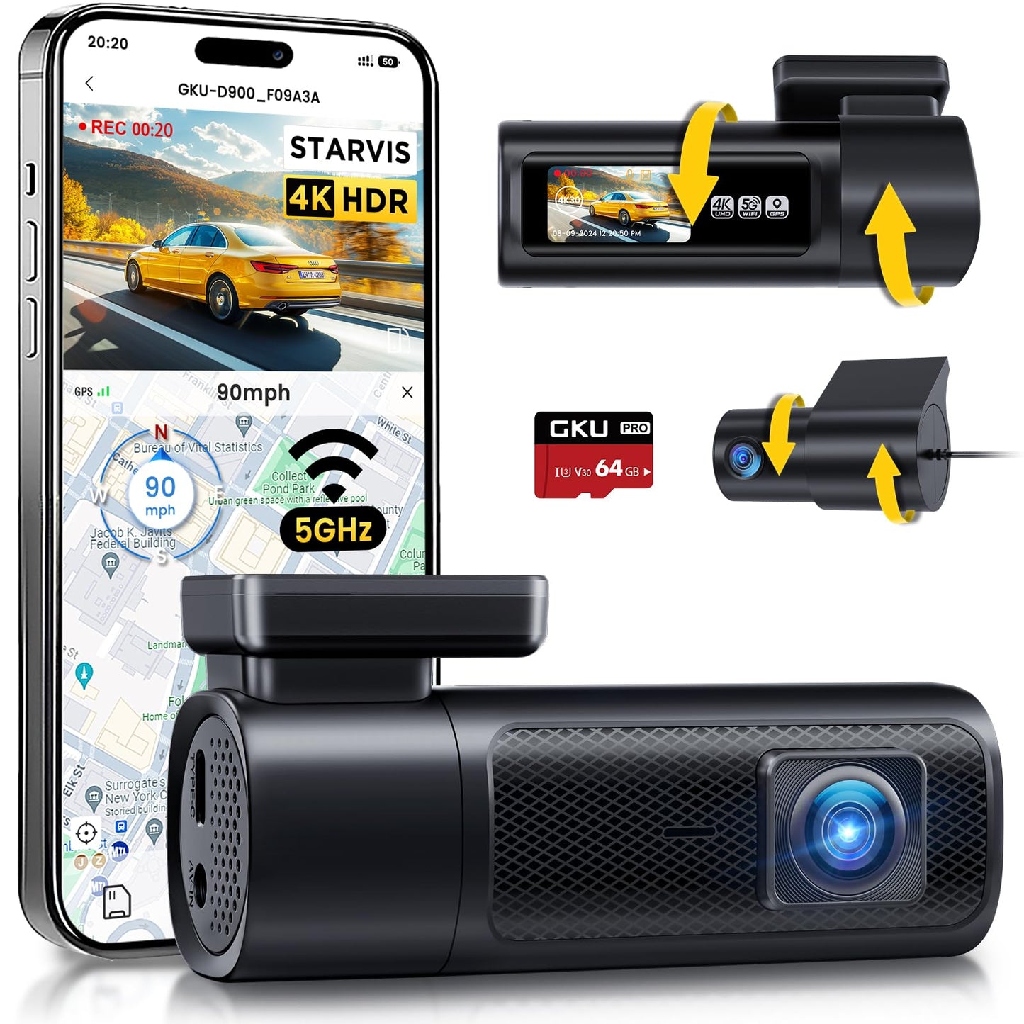 GKU 4K Dual Dash Cam with Night Vision