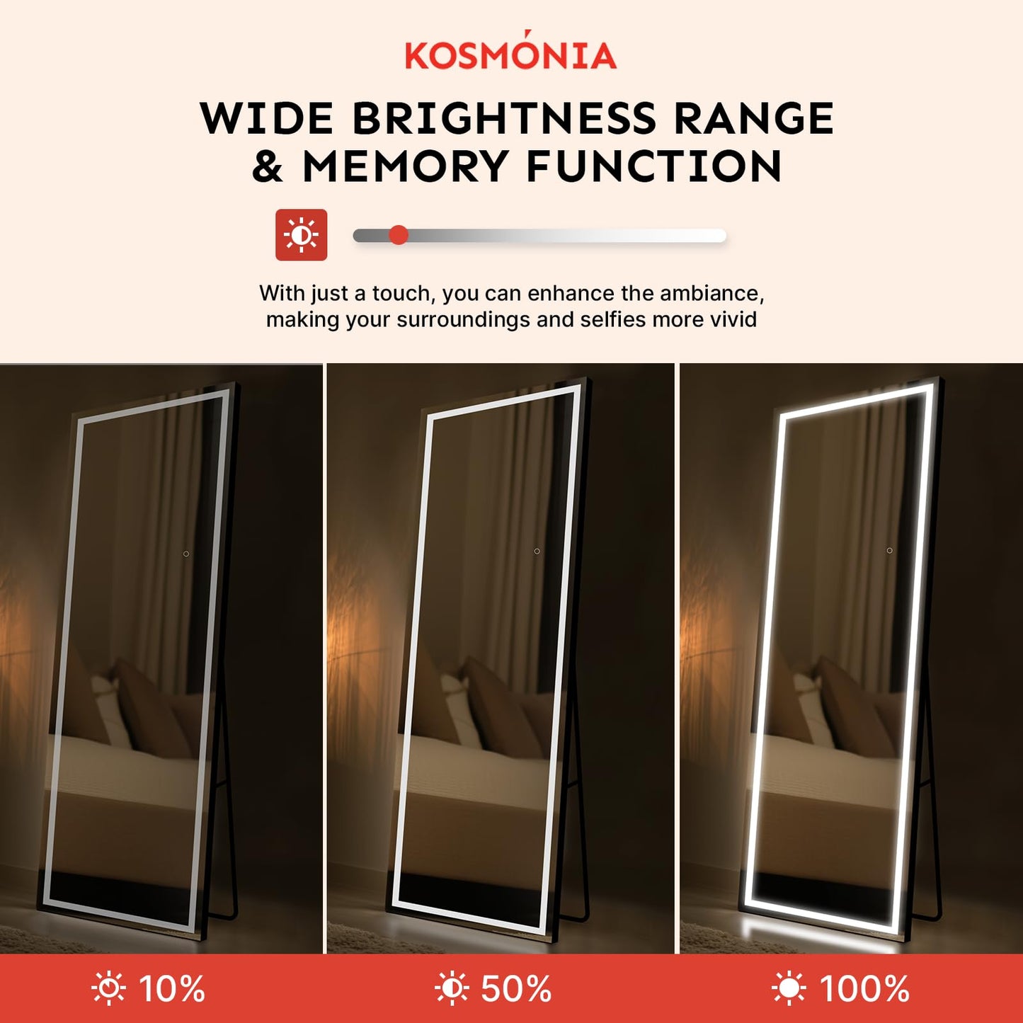 Kosmonia Full Length Mirror with Dimmable LED Light