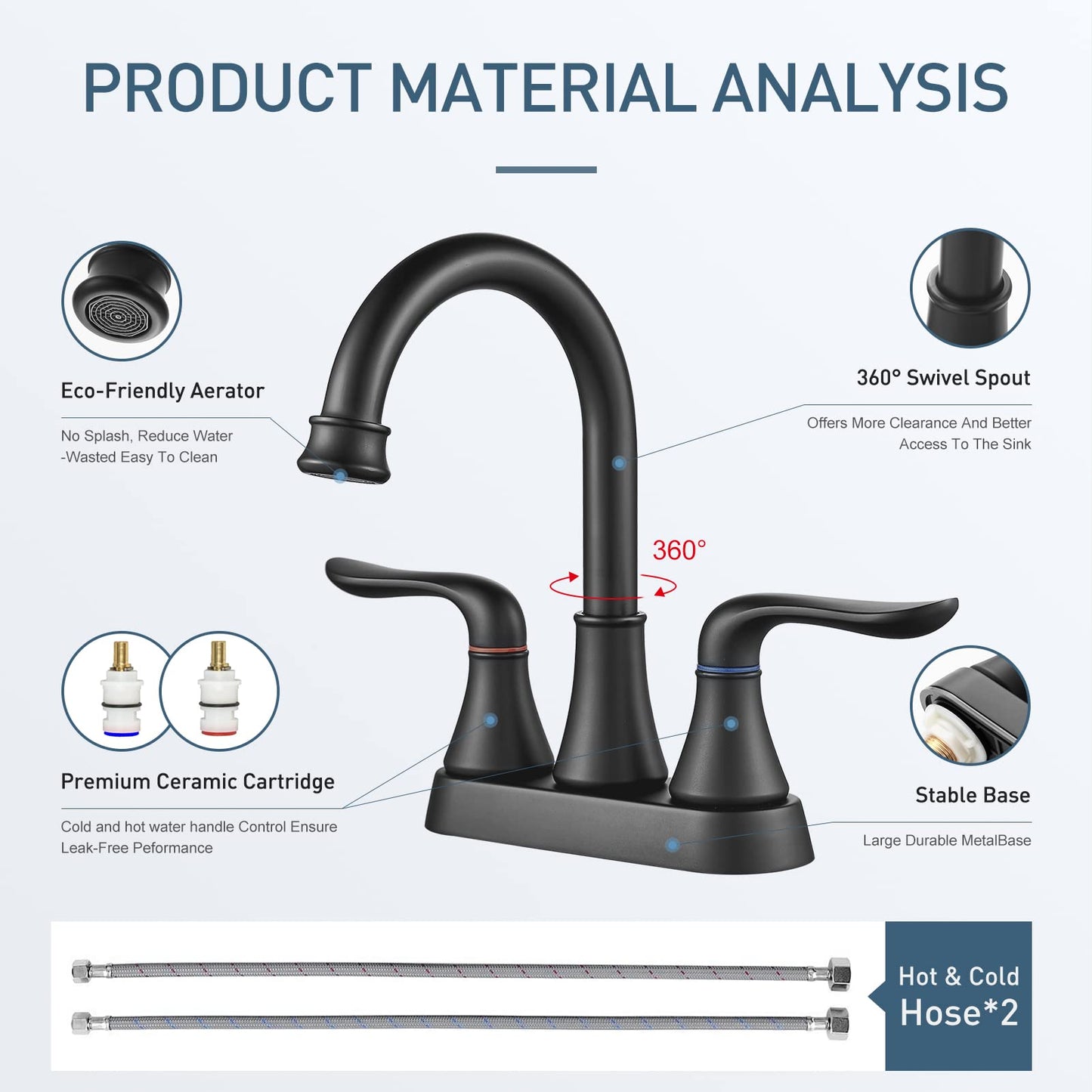 Bathroom Sink Faucet GENBONS 4 Inch 2 Handle Centerset Bathroom Faucet Lead-Free Matte Black Bath Sink Faucet with Pop-up Drain Stopper and Supply Hose, Bathroom Faucets California Compliant