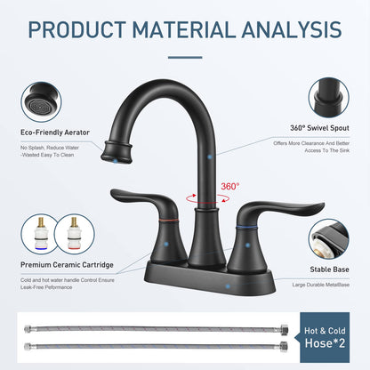 Bathroom Sink Faucet GENBONS 4 Inch 2 Handle Centerset Bathroom Faucet Lead-Free Matte Black Bath Sink Faucet with Pop-up Drain Stopper and Supply Hose, Bathroom Faucets California Compliant