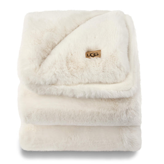 UGG 16796 Euphoria Plush Faux Fur Reversible Throw Blanket for Couch or Bed Luxury Hotel Style Machine Washable Soft Cozy Home Decor Fuzzy Fluffy Sofa Blanket, 70 x 50-Inch, Snow