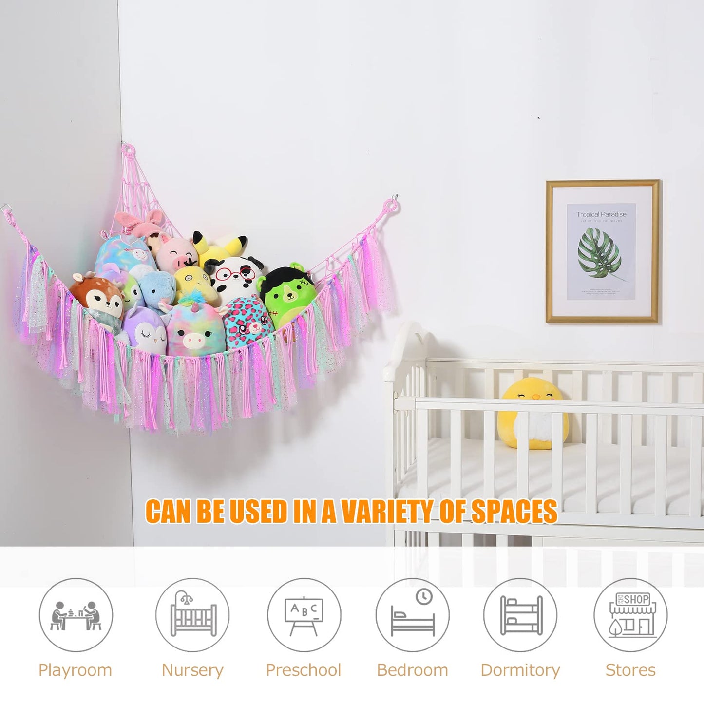 Stuffed Animal Storage Macrame Boho Plush Toy Net Hammock for Stuffed Animals with Light Pet Net for Stuffed Animals Corner Hanging Stuffed Animal Holder Teddy Bear Net for Kids Room