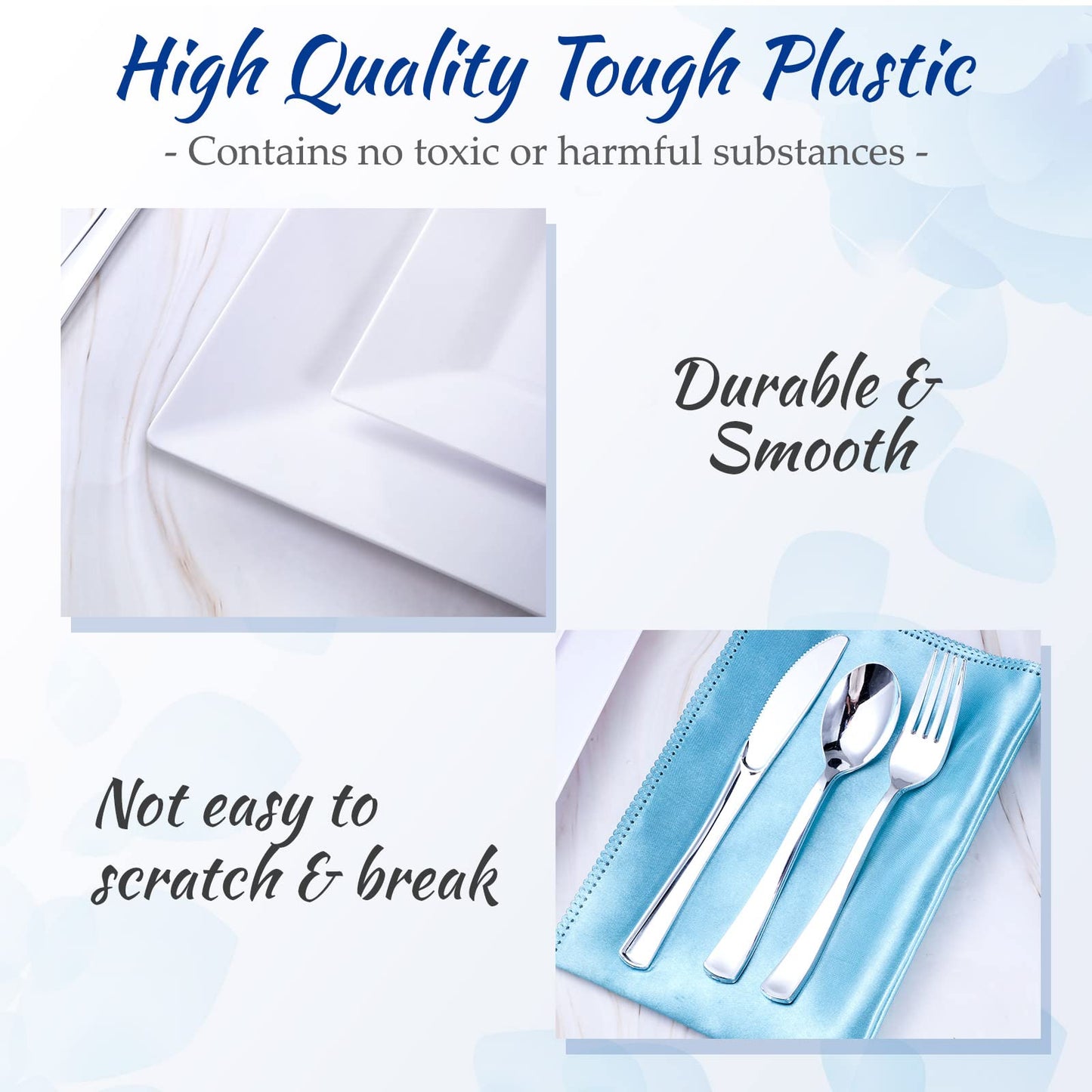 UPDATE: DEAD! 300 Pieces Square Plastic Dinner Plates Bulk White Plastic Dinnerware Set Include 60 Dinner Plates 60 Dessert Plates 60 Forks 60 Spoons 60 Knives Disposable Plates Set for Parties Wedding Picnics