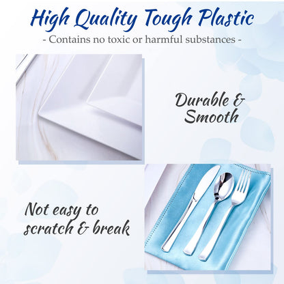 UPDATE: DEAD! 300 Pieces Square Plastic Dinner Plates Bulk White Plastic Dinnerware Set Include 60 Dinner Plates 60 Dessert Plates 60 Forks 60 Spoons 60 Knives Disposable Plates Set for Parties Wedding Picnics