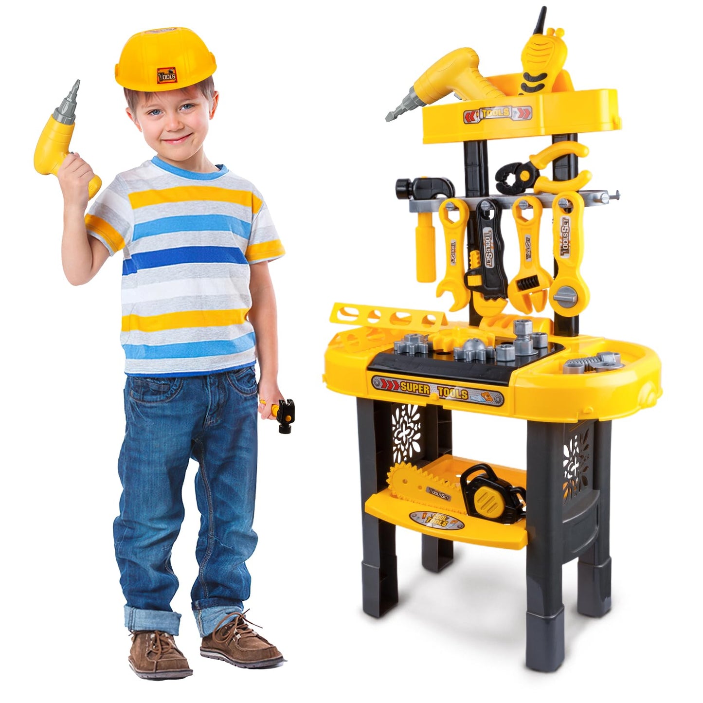 UNIH Toddler Tool Bench Kids Workbench Tools Set for Kids Toy Pretend Play Learning Toy Tool Set with Electric Drill, Toddler Boy Toys for 2 Year Old Boys Gift