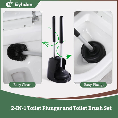 Eyliden 2-in-1 Toilet Brush and Plunger Combo with Holder, Large Size TPR Plunger, Aluminum Handle, 2 Replacement Brush Heads, Compact Bathroom Cleaning Set (Black)