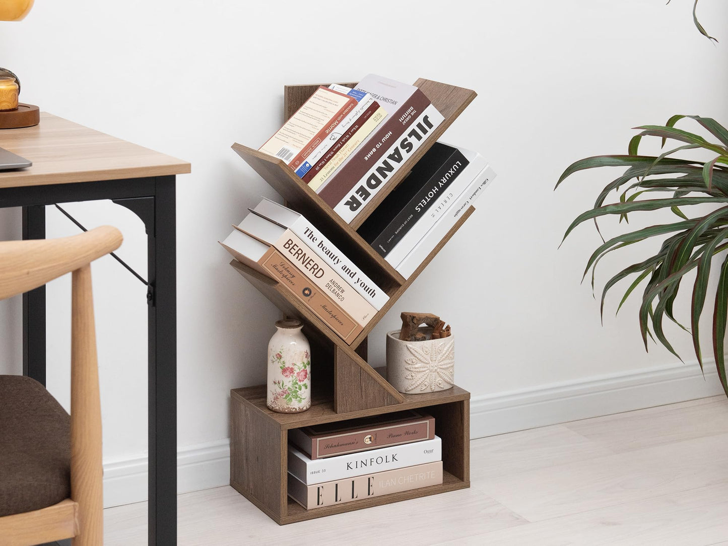 Labcosi 3 Tier Tree Bookshelf, Small Bookshelf with Open Storage Space, Wood Shelf for Storing Books, Book Organizer Shelves for Home Office, Bedroom, Living Room
