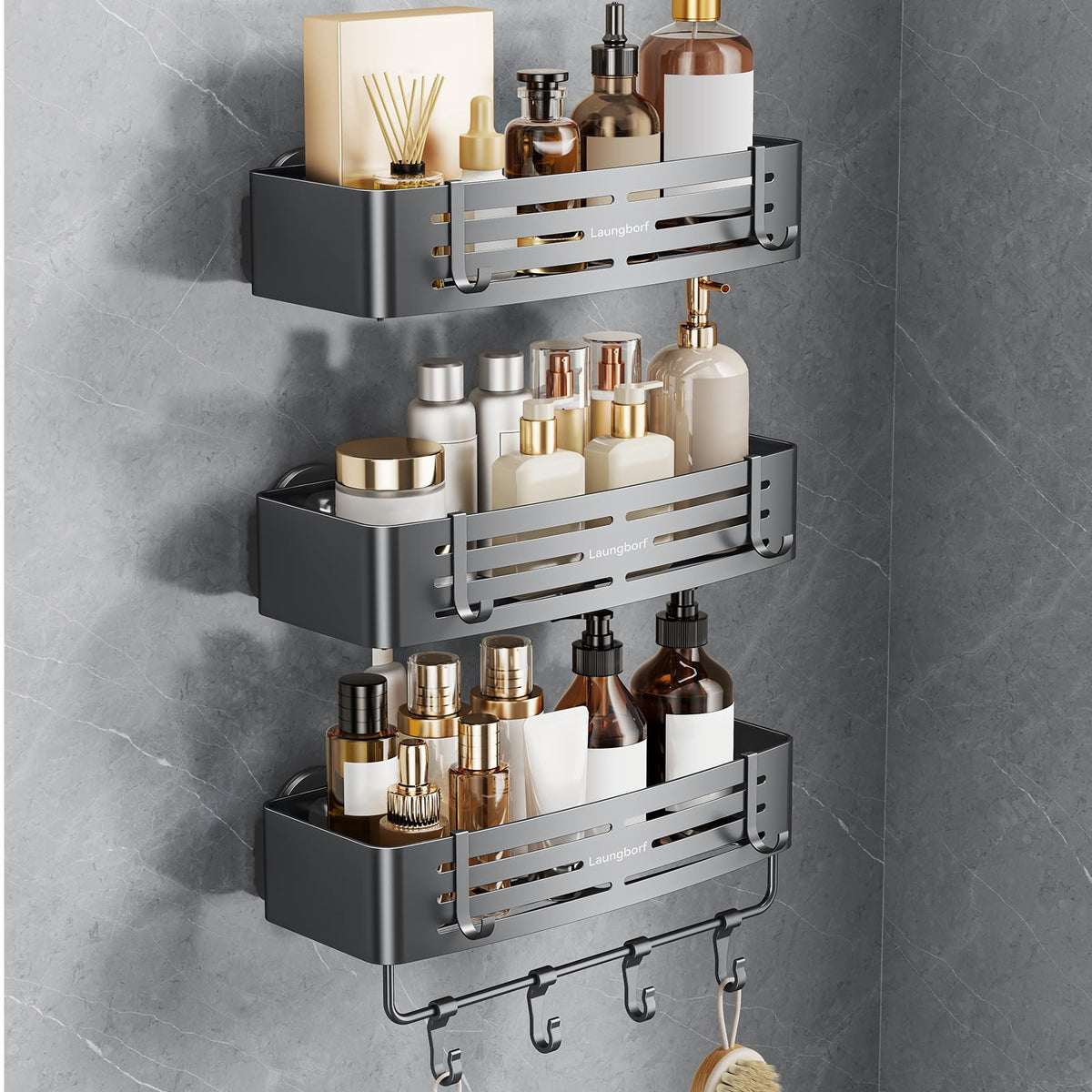 3 Pack Suction Cup Rectangle Shower Caddy Set