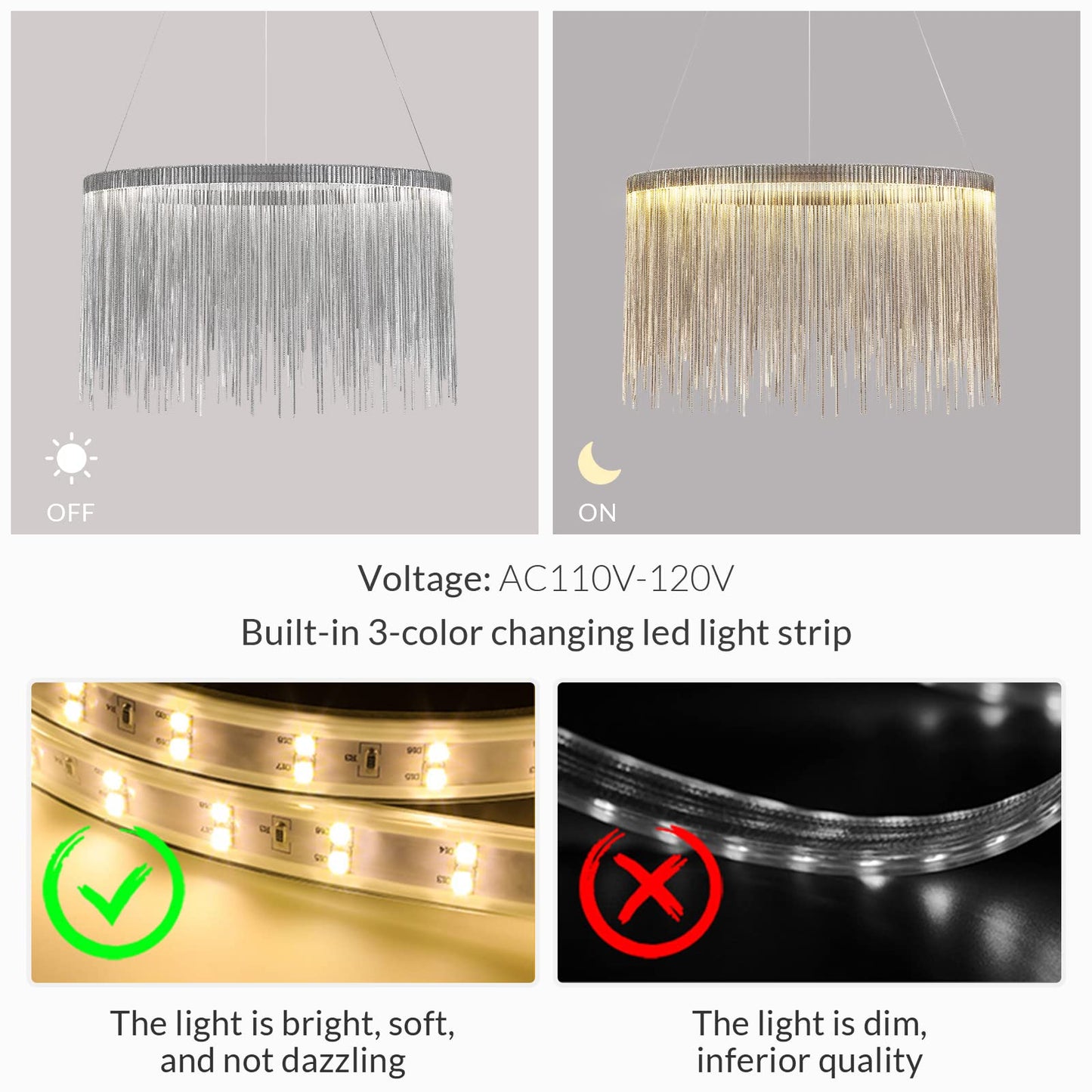 Siljoy Modern Round Aluminum Tassel Chandelier, LED Linear Chrome Chain Pendant Light Stainless Steel Ring Suspension Lighting Fixture for Dining Room Kitchen Island Dia 20" x H14