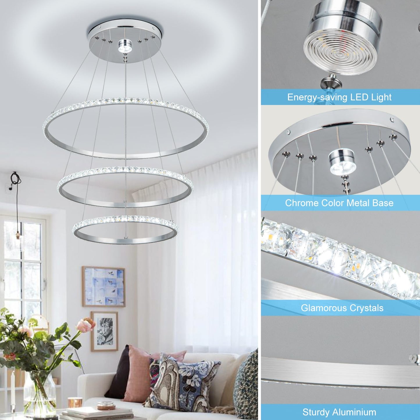 YONGYIPE LED Chandeliers Modern 3 Ring Chandelier Crystal Light Fixture Adjustable Pendant Lighting for Living Room Bedroom Dining Room (Cool White)