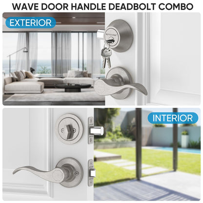 TICONN Silver Door Handles, Traditional Wave Style Silver Reversible Door Lever for Interior Doors and Closet (Deadbolt with Passage Lever, 2-Pack)