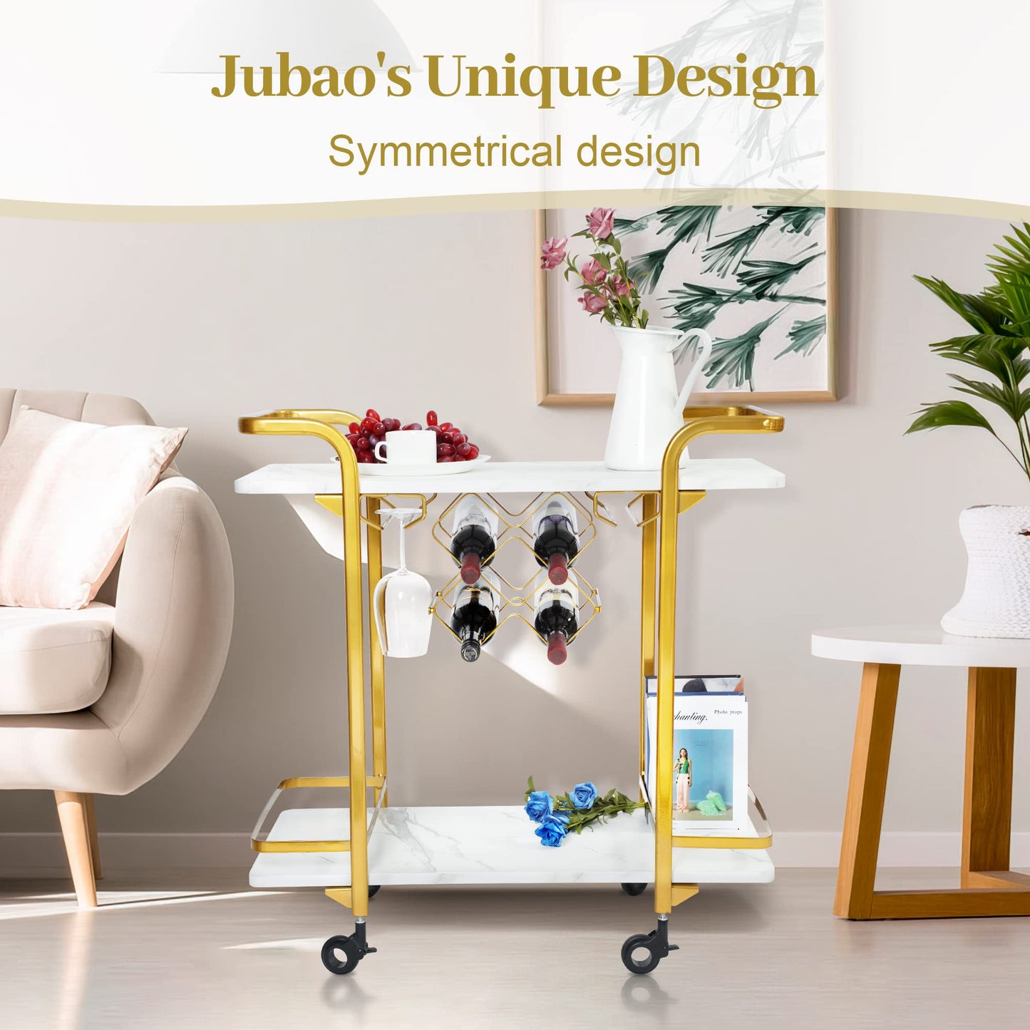 Jubao Deluxe Gold Bar Cart, 2-Tier Premium Texture Bar Cart for Kitchen and Dining Room Outdoor, with Glass Holders and 5 Wine Racks, Modern Marbled Solid Wood Cart on Silent Wheels