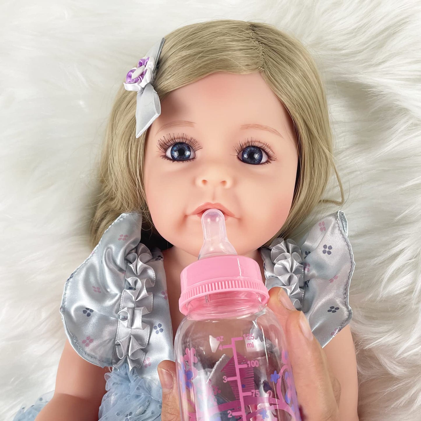 PLAYSKY Reborn Baby Dolls Girl, 22" Beautiful Lifelike Doll Full Body Vinyl Silicone with Long Hair for Kids, Realistic Newborn Baby Doll with Feeding Toy for Birthday Christmas