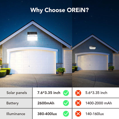 OREiN 2 Pack Solar Outdoor Lights 2600mAh Motion Sensor Flood Lights Super Bright 3 Modes Solar Security Lights IP65 Waterproof Solar Motion Lights Outdoor for Garage, Patio, Porch, White