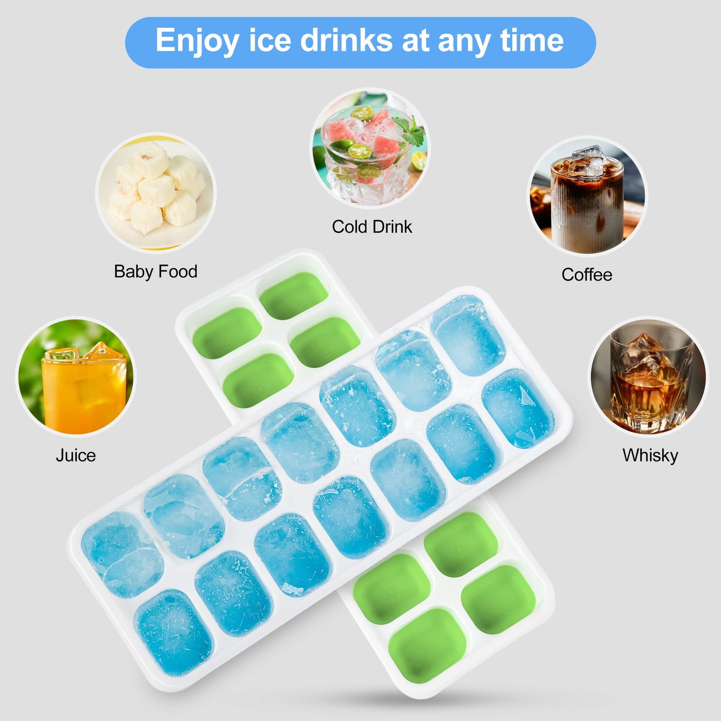 Ice Cube Trays 2PCS Easy-Release 14-Ice Trays with Removable Lid,Ice Trays for Freezer, Silicone Ice Cube Tray for Whiskey and Cocktails and other drinks