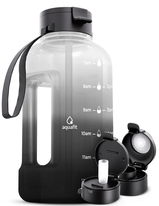 AQUAFIT 40 oz Water Bottle With Time Marker - 40 oz Water Bottle With Straw - Gym Water Bottle With Strap, Big Water Bottle with Handle, Reusable Water Bottles With Straw Bike Water Bottles (Midnight)