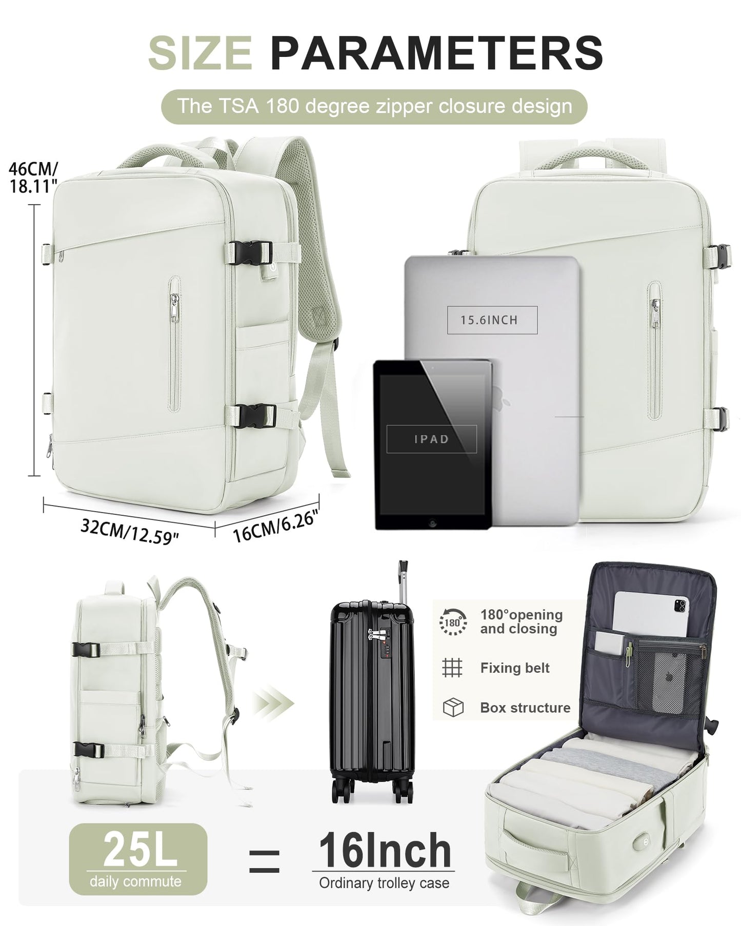 Large Travel Backpack for Women Carry On Airline Flight Approved Expandable Work Personal Item size Backpack Bag with Laptop compartment for College Men Waterproof Hiking Mochila de Viaje MoonWhite