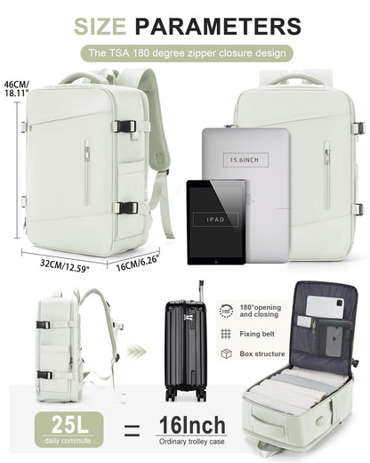 Large Travel Backpack for Women Carry On Airline Flight Approved Expandable Work Personal Item size Backpack Bag with Laptop compartment for College Men Waterproof Hiking Mochila de Viaje MoonWhite