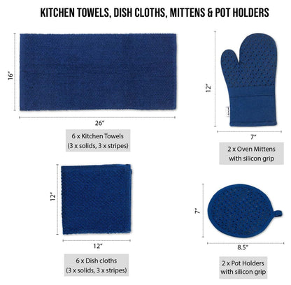 Lane Linen Tea Towels for Kitchen - 16 Pc Kitchen Towel Set with Silicone Oven Mitts and Pot Holders Sets, Cotton Kitchen Towels, Absorbent Dish Towels, Hand Towels for Kitchen - Indigo