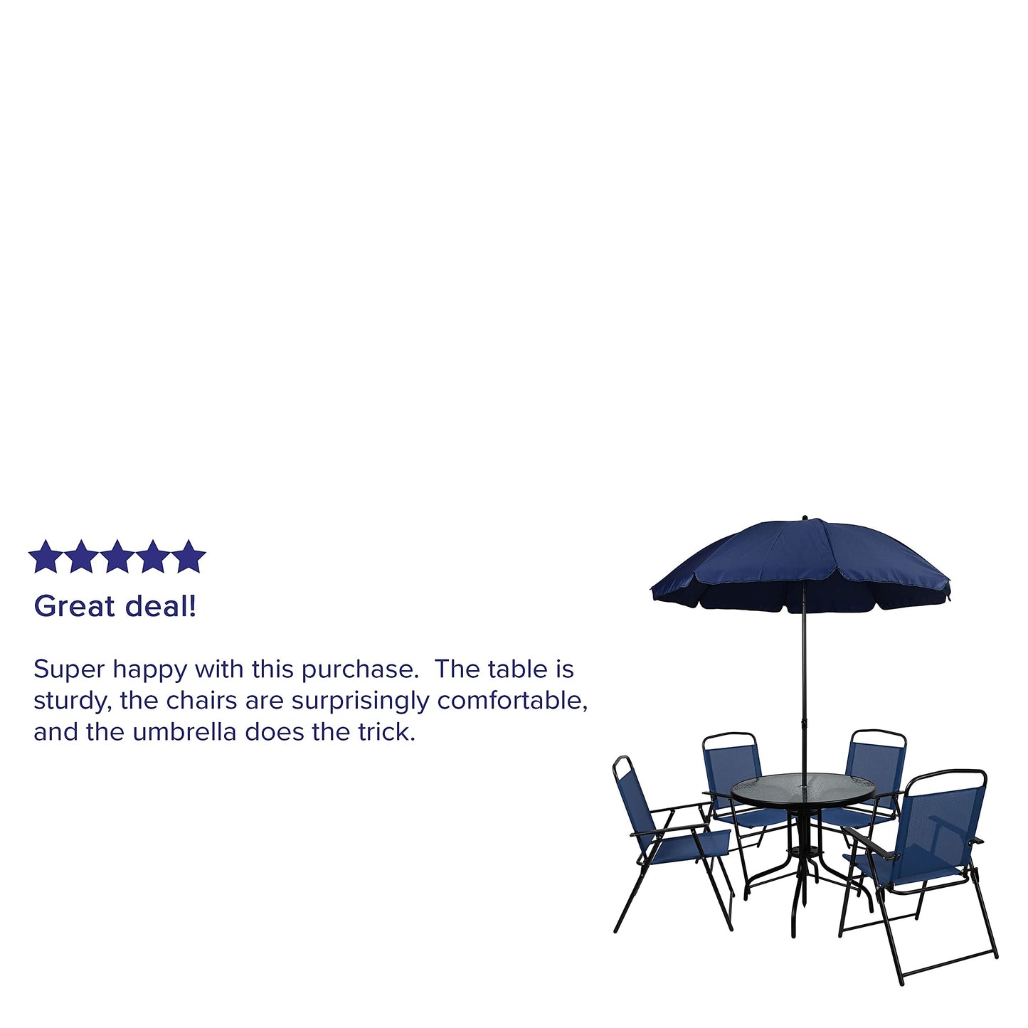 Flash Furniture Nantucket 6-Piece Patio Dining Set with Glass Table, 4 Folding Chairs, and Umbrella, Outdoor Patio Table, Chairs, Umbrella Set, Navy