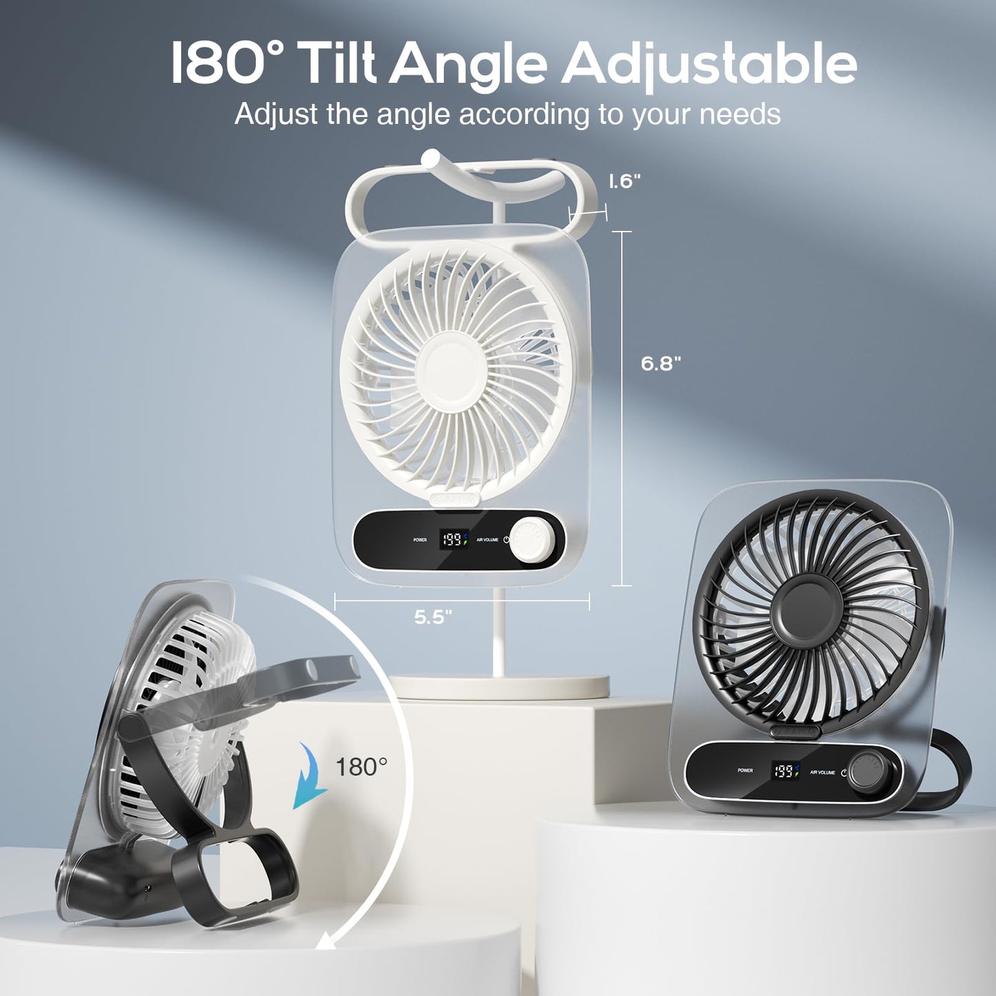 Portable Desk Fan - USB Rechargeable Small Personal Fan, Battery Operated with Variable Speeds, Ultra Quiet 180° Tilt Foldable for Home Office Beach Outdoor Cruise Travel Essentials, White