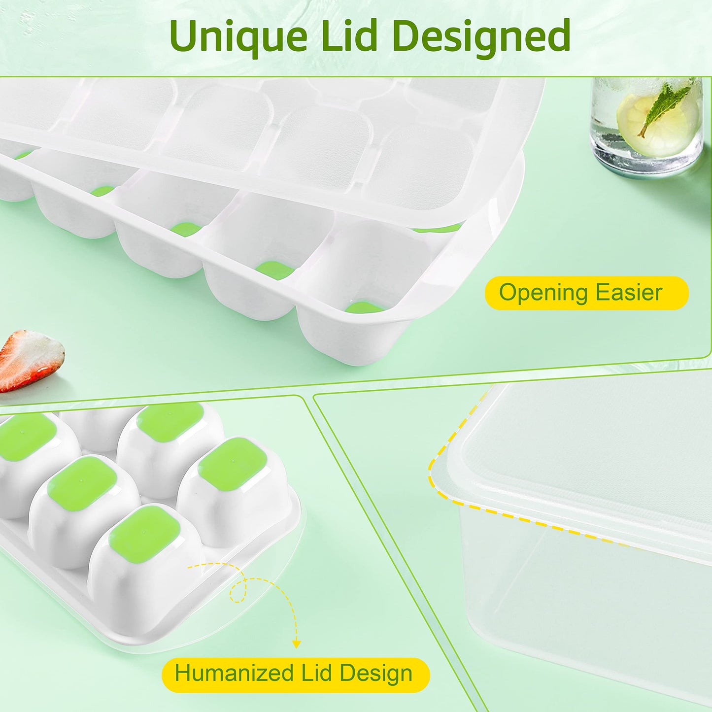 ICEXXP 4 Pack Ice Cube Tray with Lid and Bin, Ice Cube Trays for Freezer with Ice Box, Silicone Ice Trays with Ice Container for Cocktails, Stackable Ice Cube Maker with Ice Bin, Ice Tong & Scoop