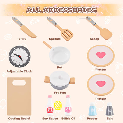 Play Wooden Kitchen Sets for Kids, Toddler Kitchen Playset, Chef Pretend Kitchen with Plenty of Play Features, Toy Kitchen with Toy Food & Cookware Accessories, Gift for Boys Girls