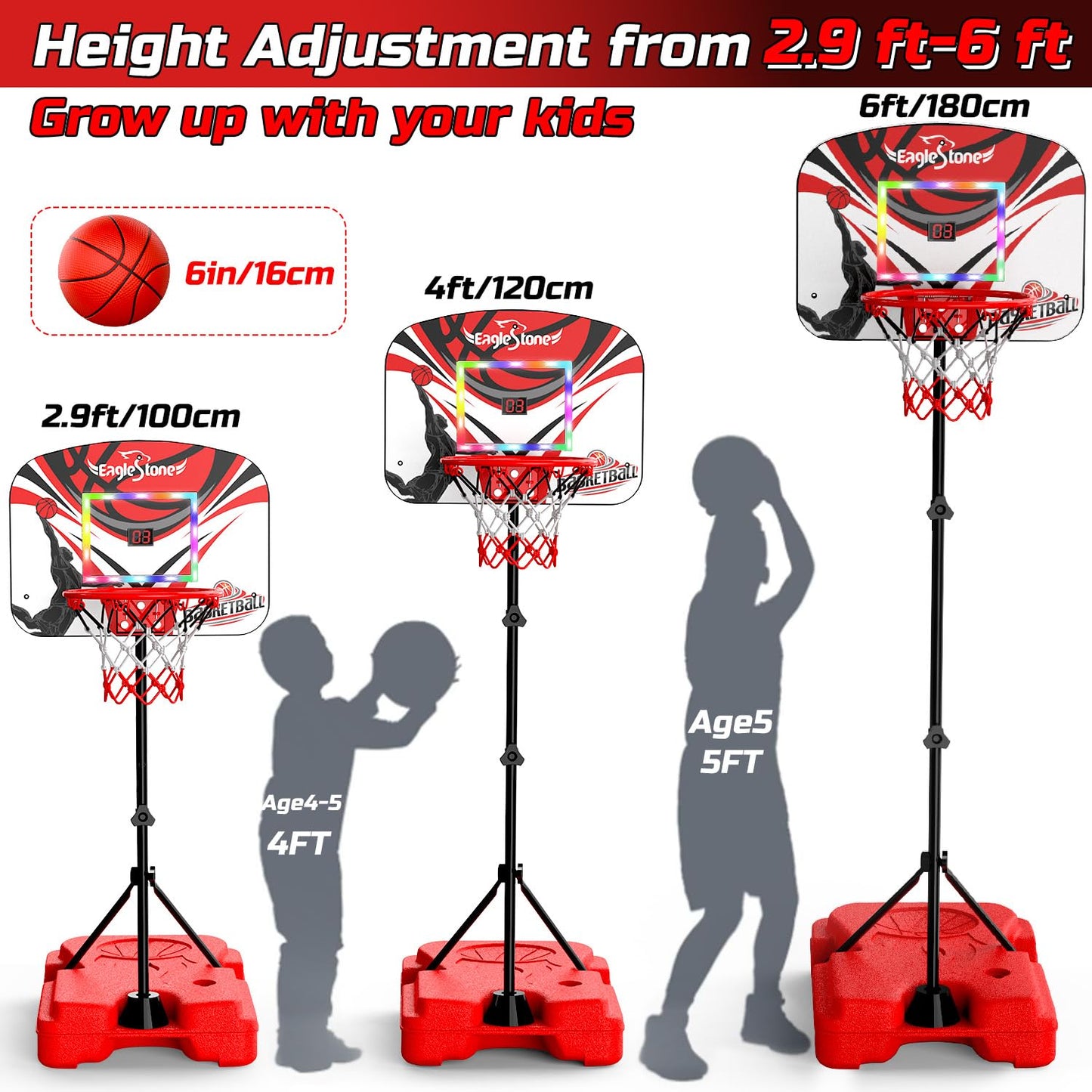 Eaglestone Kid Basketball Hoop Toddlers with LED Lights & Scoreboard, Basketball Hoop Adjustable Height 2.9ft-6ft, Mini Hoop Outdoor with 3 Balls,Basketball Toy Gifts for 3-12 Year Old Boys Girls