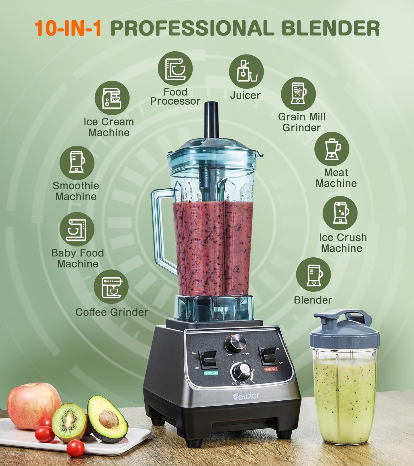 VEWIOR 2200W Professional Smoothie Blender with Cups