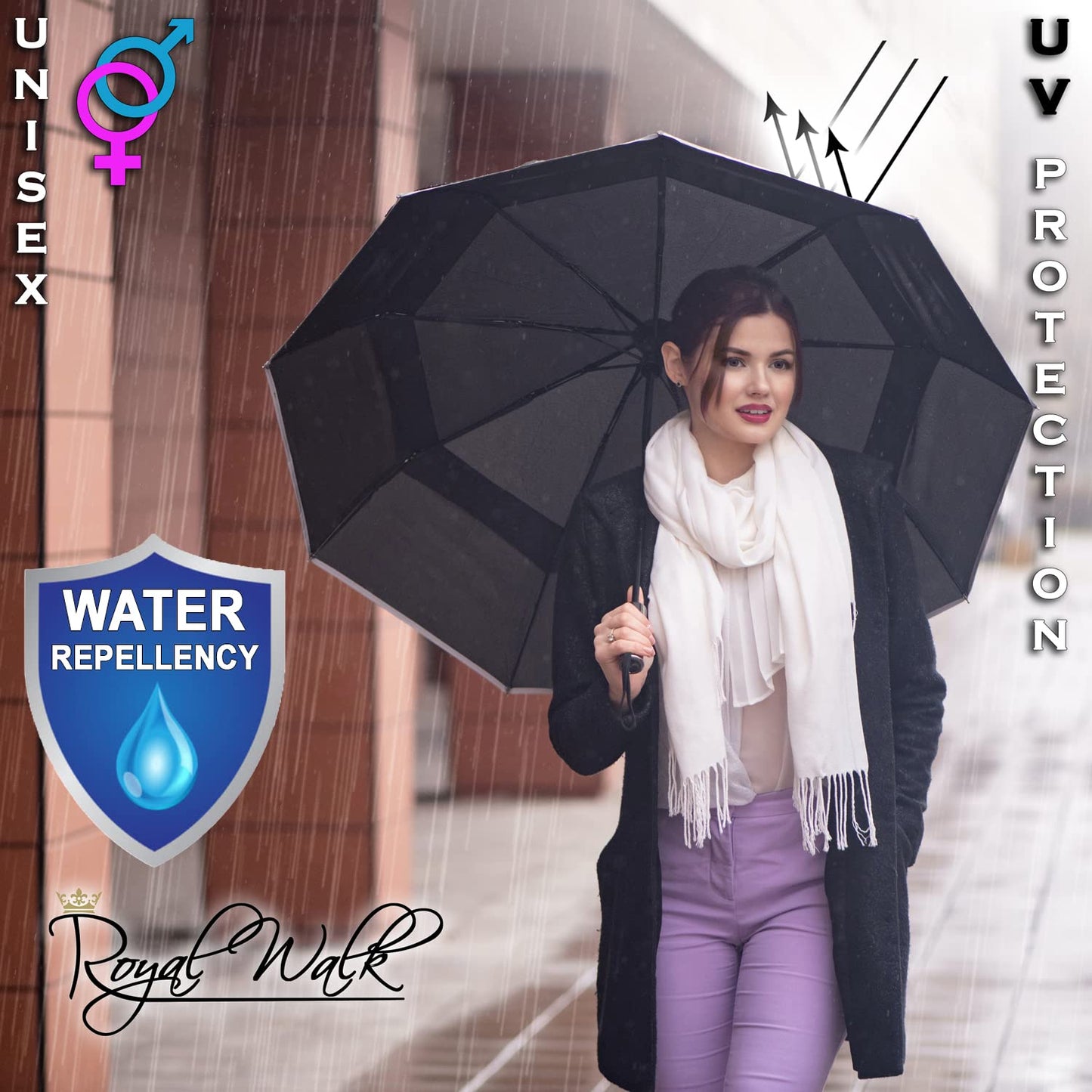 Royal Walk Windproof Travel Umbrella with Wood Handle
