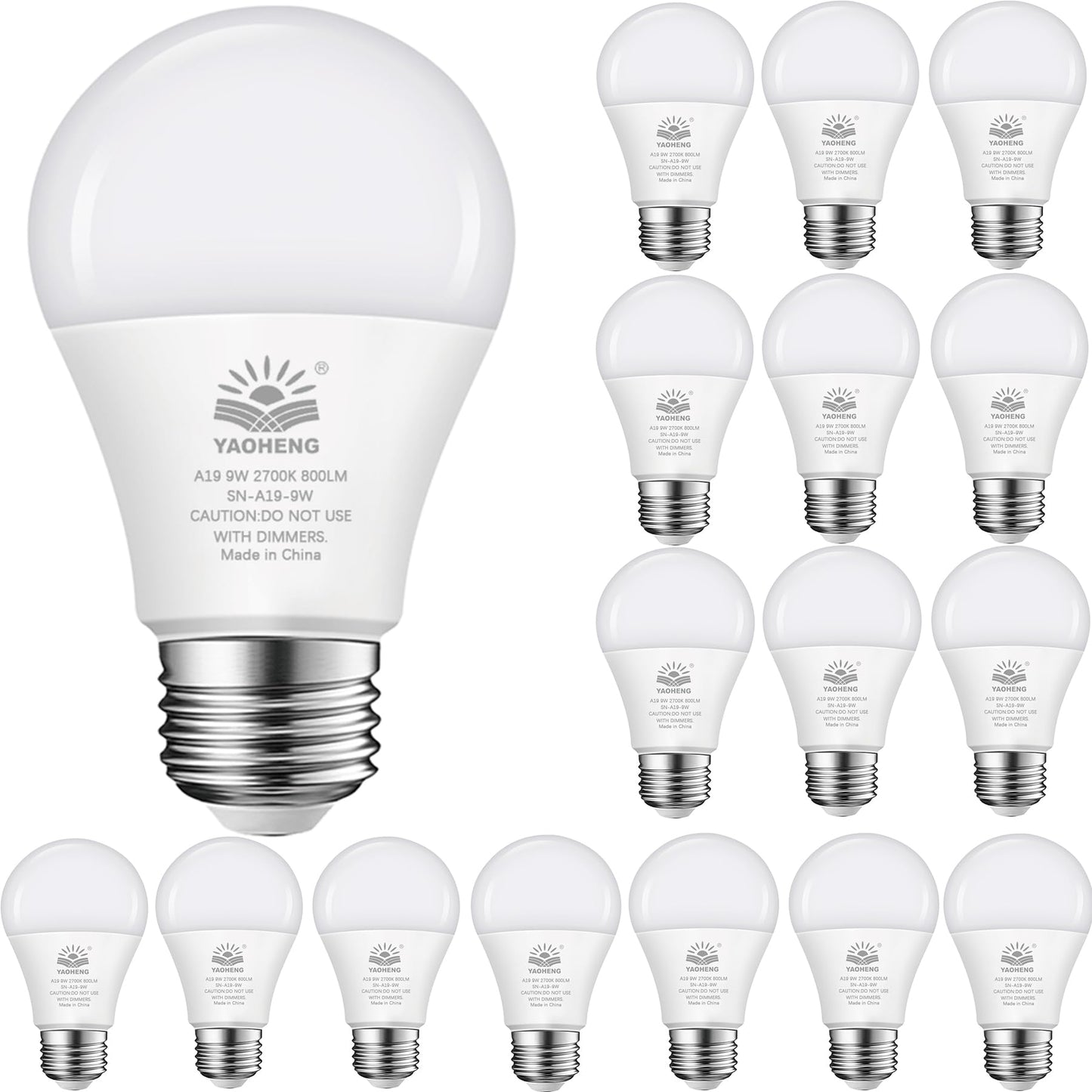 YAOHENG A19 LED Light Bulb, 9W(60W Equivalent) LED Bulbs, E26 Standard Base, 2700K Warm White, 800 Lumens, Non-Dimmable, 9W Bright White Light Bulbs for Home Office (16-Pack)