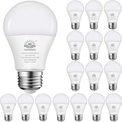YAOHENG A19 LED Light Bulb, 9W(60W Equivalent) LED Bulbs, E26 Standard Base, 2700K Warm White, 800 Lumens, Non-Dimmable, 9W Bright White Light Bulbs for Home Office (16-Pack)