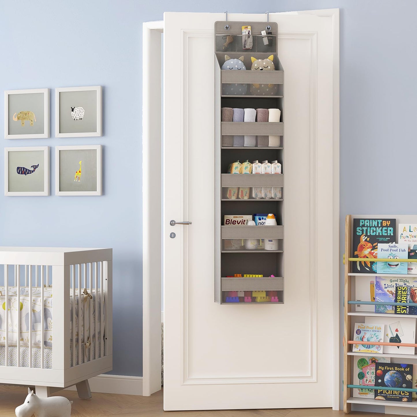 Fixwal Over the Door Organizer 6 Shelf Hanging Storage Organizer with 3 Pockets for Bedroom, Living Room, Baby Nursery, Bedroom, Kitchen, Grey