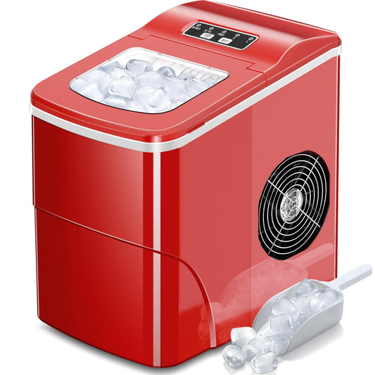 AGLUCKY Ice Makers Countertop with Self-Cleaning, 26.5lbs/24hrs, 9 Cubes Ready in 6~8Mins, Portable Ice Machine with 2 Sizes Bullet Ice/Ice Scoop/Basket for Home/Kitchen/Office/Bar/Party, Red