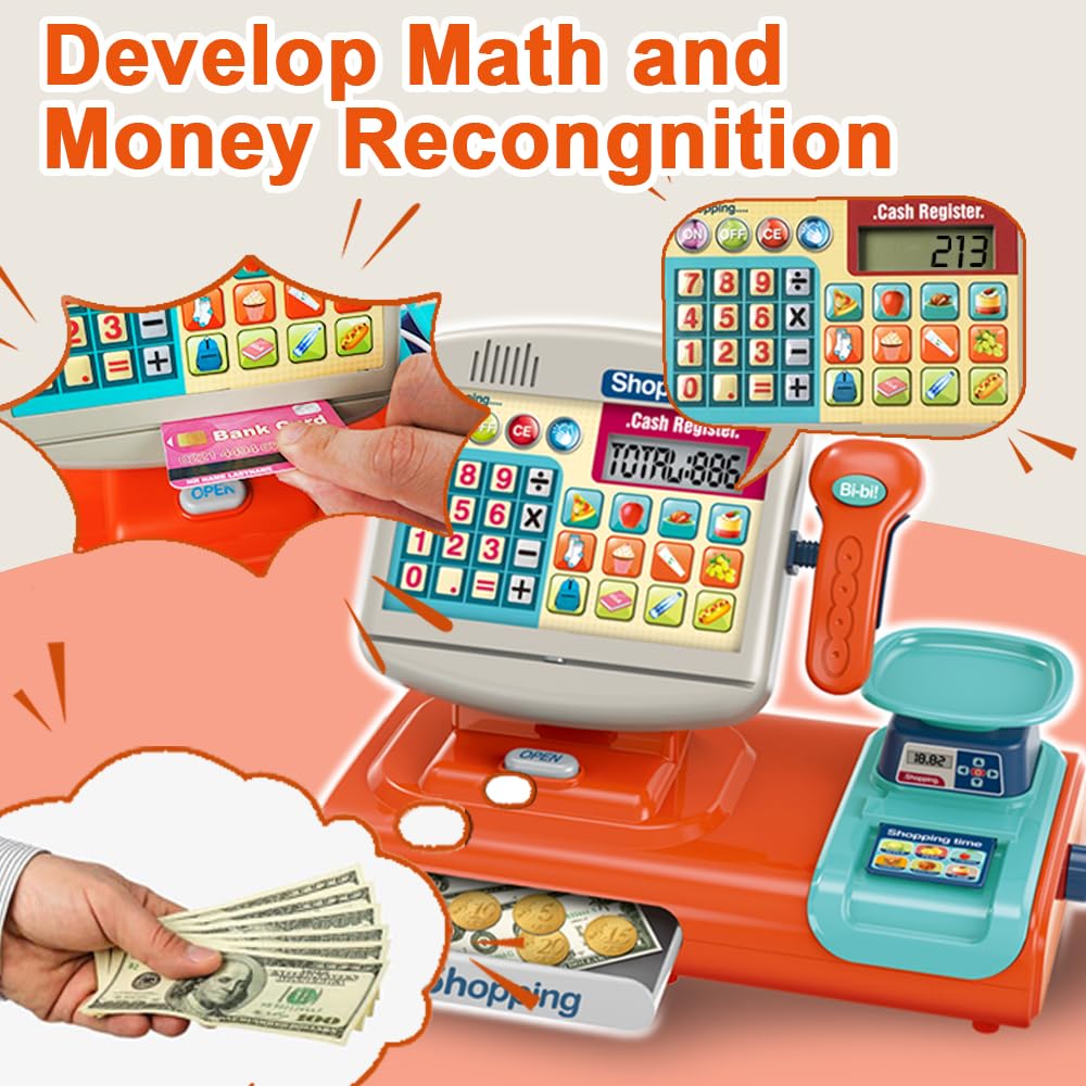 XINGYING Toy Cash Register for Kids, Pretend Play Store w/ Sounds & Real Calculator & Simulate Weighter, Kids Cash Register with Scanner and Credit Card Play Food Money for Boys Girls Ages 3 4 5 6 7+