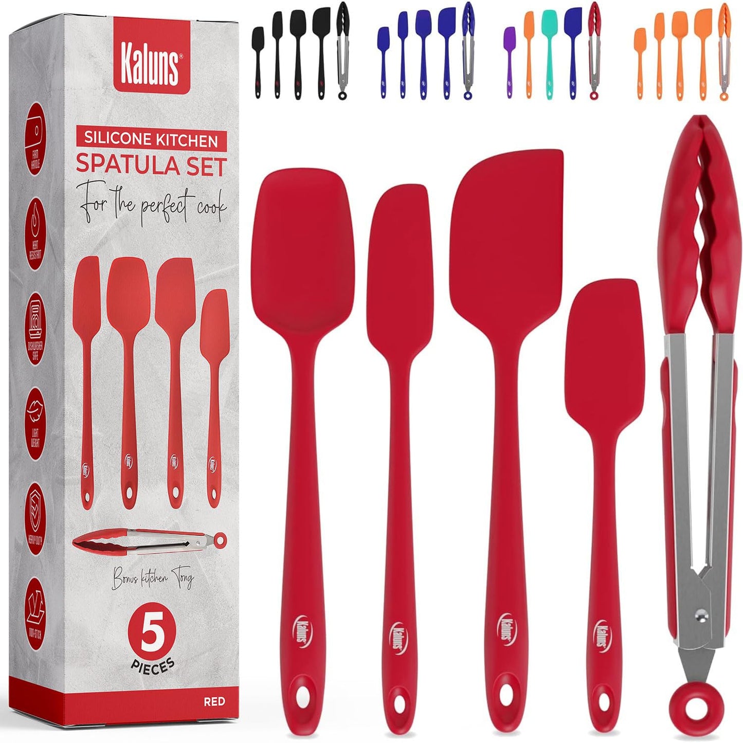 Kaluns Silicone Spatula Set, 4 Rubber Spatulas 600°F Heat Resistant, Nonstick Seamless Design with Stainless Steel Core, Dishwasher Safe, BPA free, Bonus Tongs Included