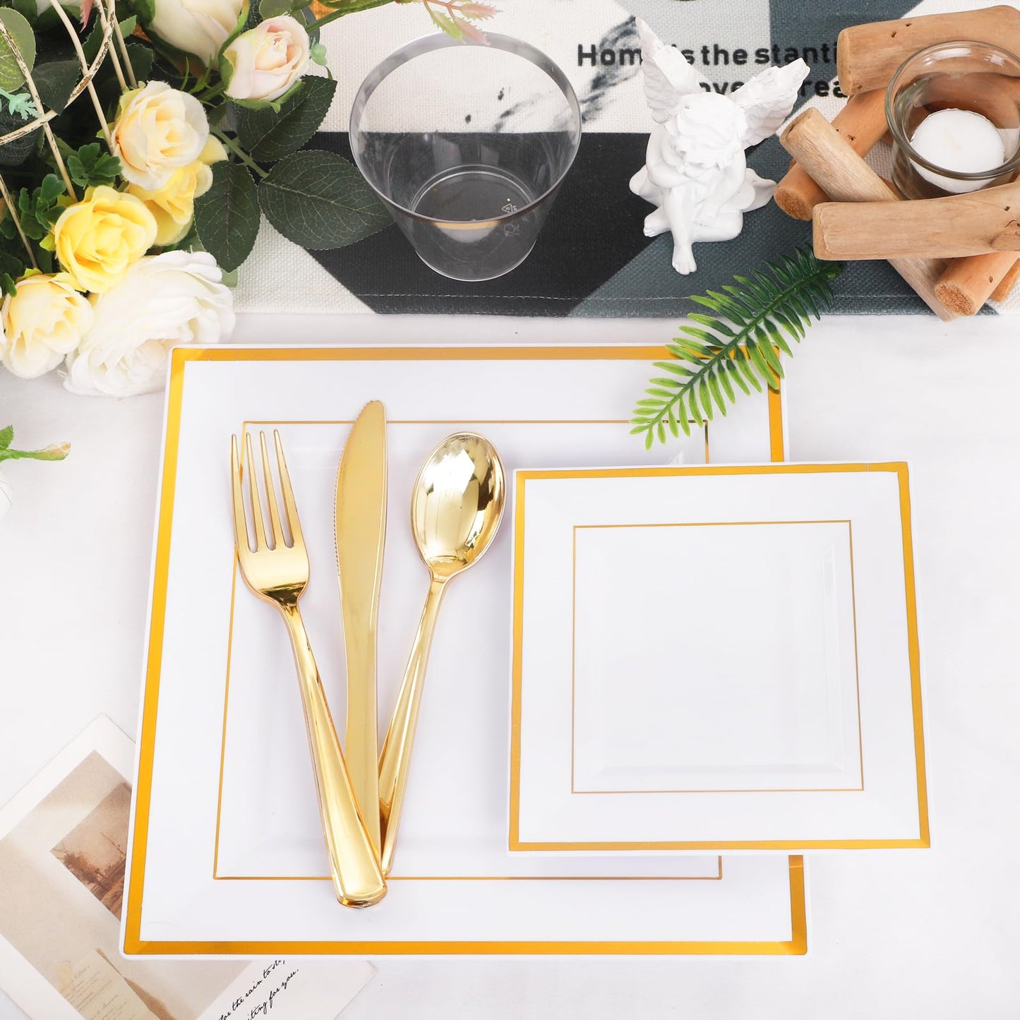 Festiva 176Pcs Gold Plates Disposable - Square Party Plates and Cups and Napkins Sets :Dinner Plates, Dessert Plates,Cups,Plastic Cutlery,Hand Napkins 1Tablecloth for Party&Wedding&Christmas