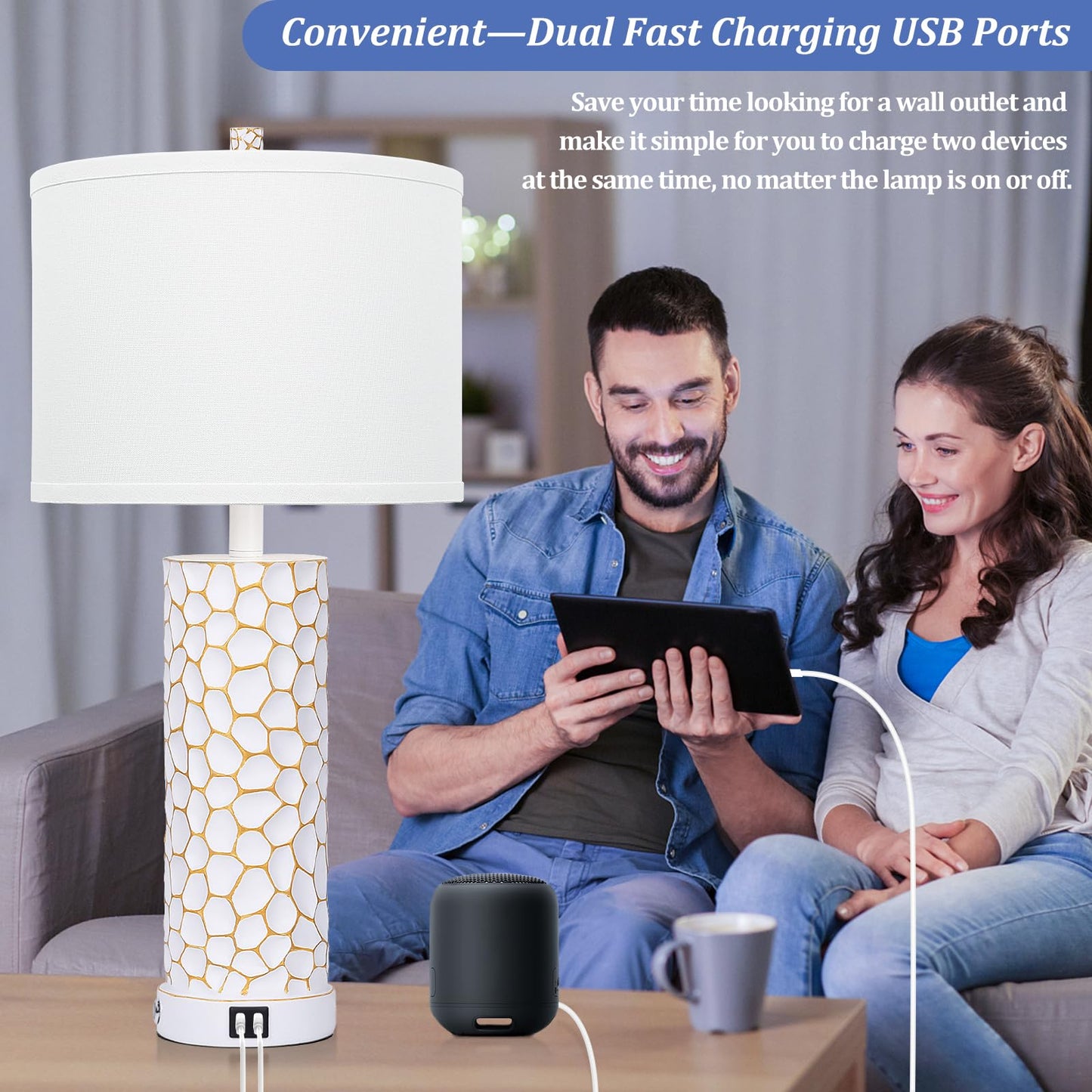 Brightever Table Lamp for Living Room - Touch Lamps Set of 2 with Dual USB Charging Ports, 3-Way Dimmable Farmhouse Lamps for Nightstands, Rustic Bedside Lamp for End Tables, 2 A19 LED Bulbs Included