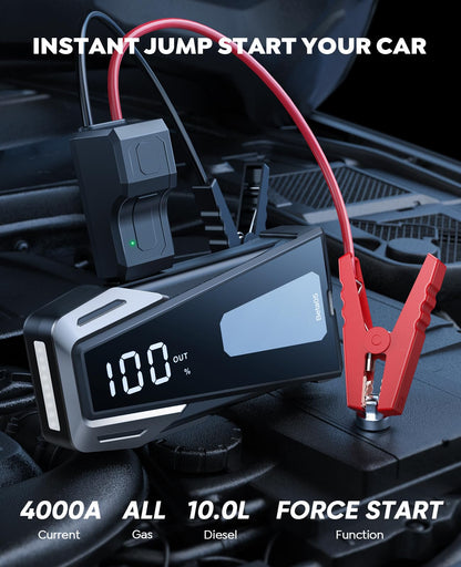 Car Battery Jump Starter 4000A 12V Safe Jump Box, Battery Jumper Starter Portable (All Gas/10.0L Diesel), Car Jump Starter Battery Pack with Extended Jumper Cables, Fast Charge, 160W DC, Lights