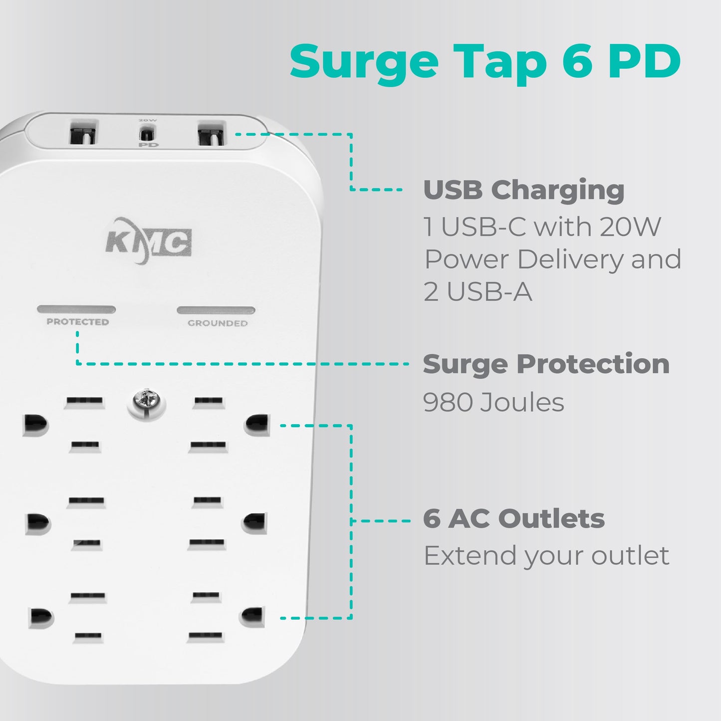KMC USB-C Surge Protector with 6 Outlets