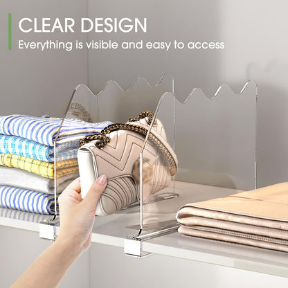 SPACEKEEPER Shelf Dividers for Closet Organization, Clear Closet Shelf Divider for Clothes Purses Separators, Wood Shelves Organizer for Bedroom, Kitchen, Office, Cabinets, Bathroom, 6 Pack