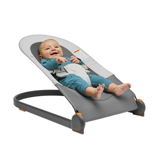 Boon Slant Portable Baby Bouncer - Folding Baby Seat for Infants - Lightweight Portable Baby Chair with Machine Washable Fabric and 3-Point Harness - Gray