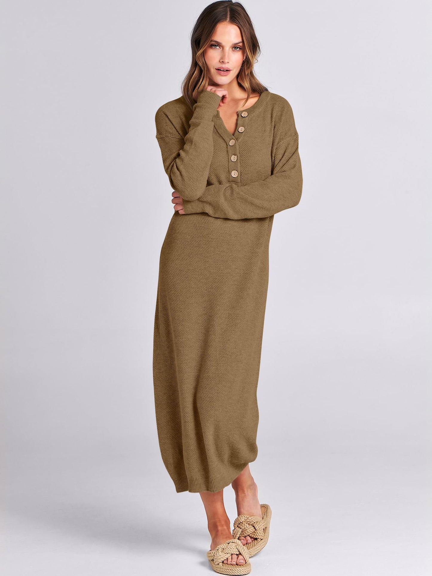 ANRABESS Women Long Sleeve Button V Neck Oversized Casual Loose Fit Waffle Knit Fall Midi Sweater Dress 2024 Trendy Outfits Khaki Medium