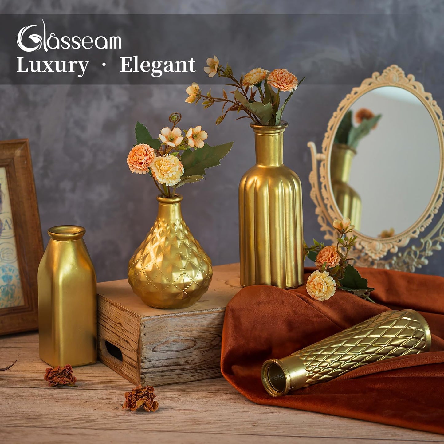 Glasseam Gold Glass Vase, 8pcs Cylindrical Home Decor, Antique Art Deco Style, Holds Water, Gold Electroplating Finish, Living Room Kitchen Bathroom Bedroom Decor, Table Centerpieces